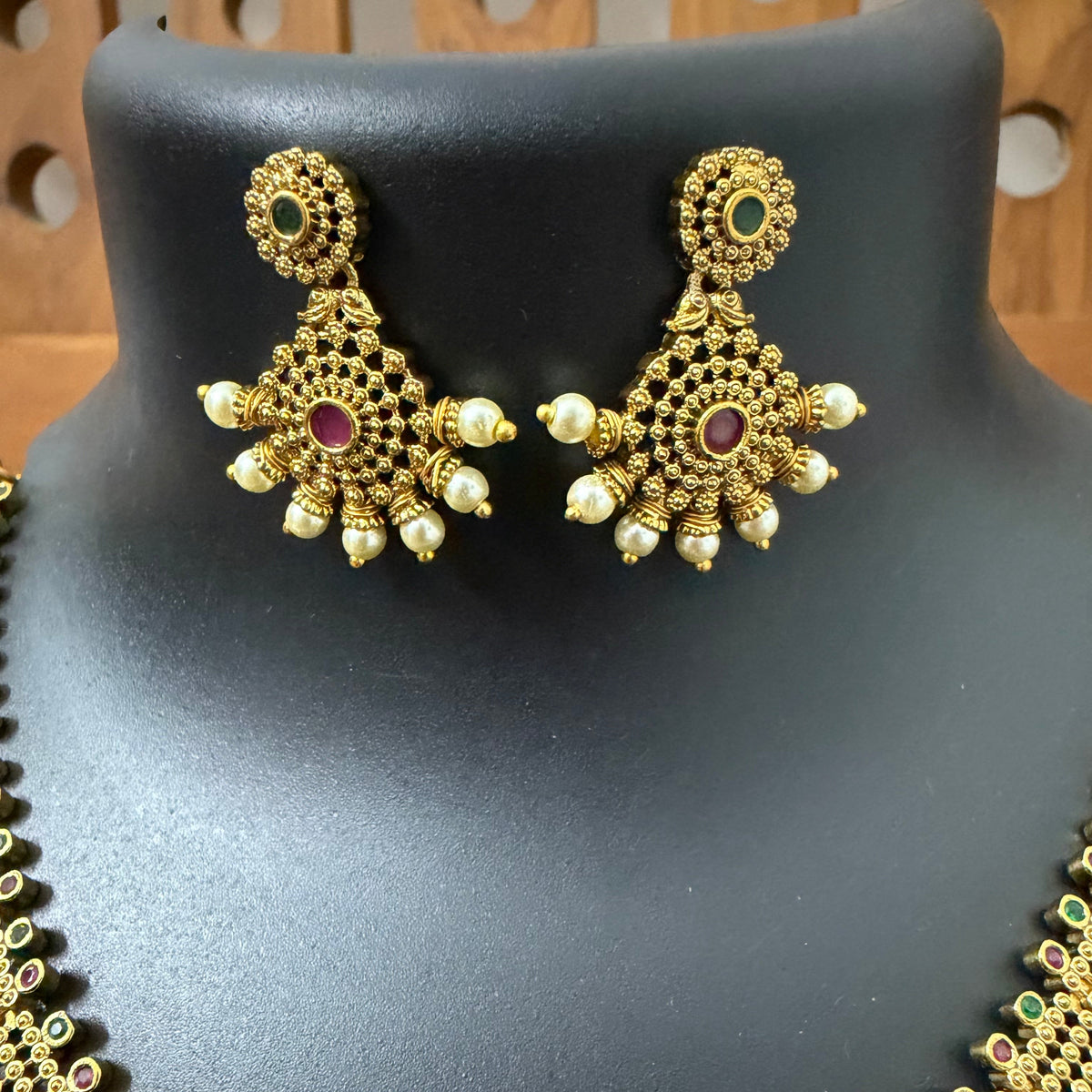 Pearl Bloom Antique Temple Necklace Set with Kemp Stones - Bridal Necklace Set