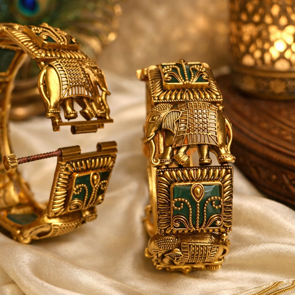 Antique Gold Elephant Kada Bangle with Green Enamel – Royal Temple Jewelry - GJ9520