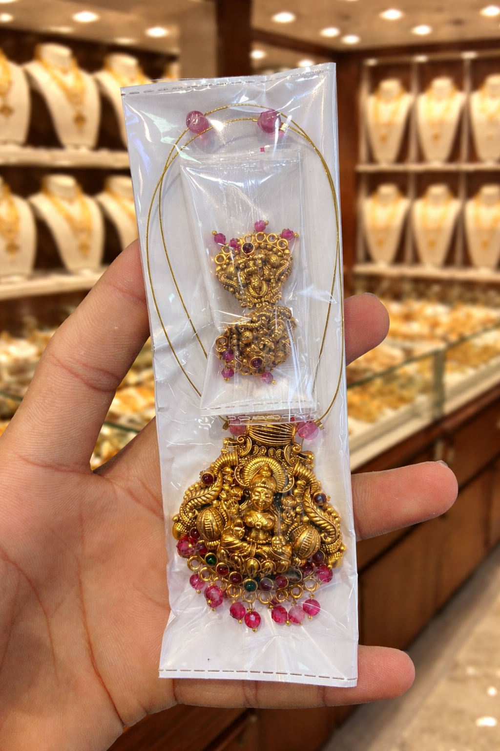 Invisible Antique Lakshmi Temple Pendant Set with Ruby Beads | Traditional South Indian Jewellery JW2301
