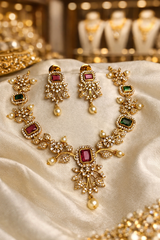 Premium Ruby Stone Bridal Necklace Set with Pearl Drops | Luxury Wedding Jewellery I JW4800