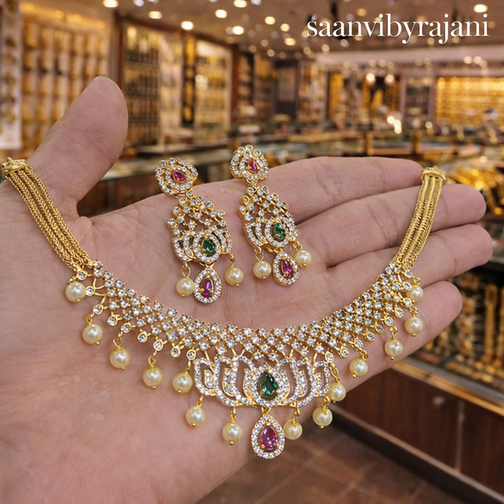 Premium South Indian Temple Jewellery Set with AD Stones & Pearls | Bridal & Festive Wear | Saanvibyrajani