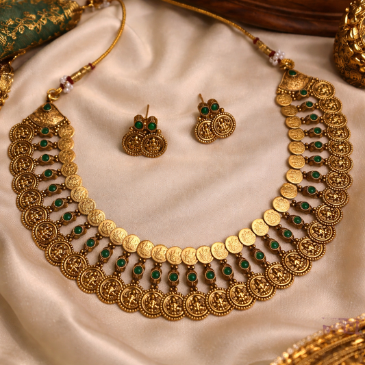 Antique Gold Lakshmi Coin Necklace Set with Ruby Accents – Traditional Temple Jewelry-CODE GJ5460