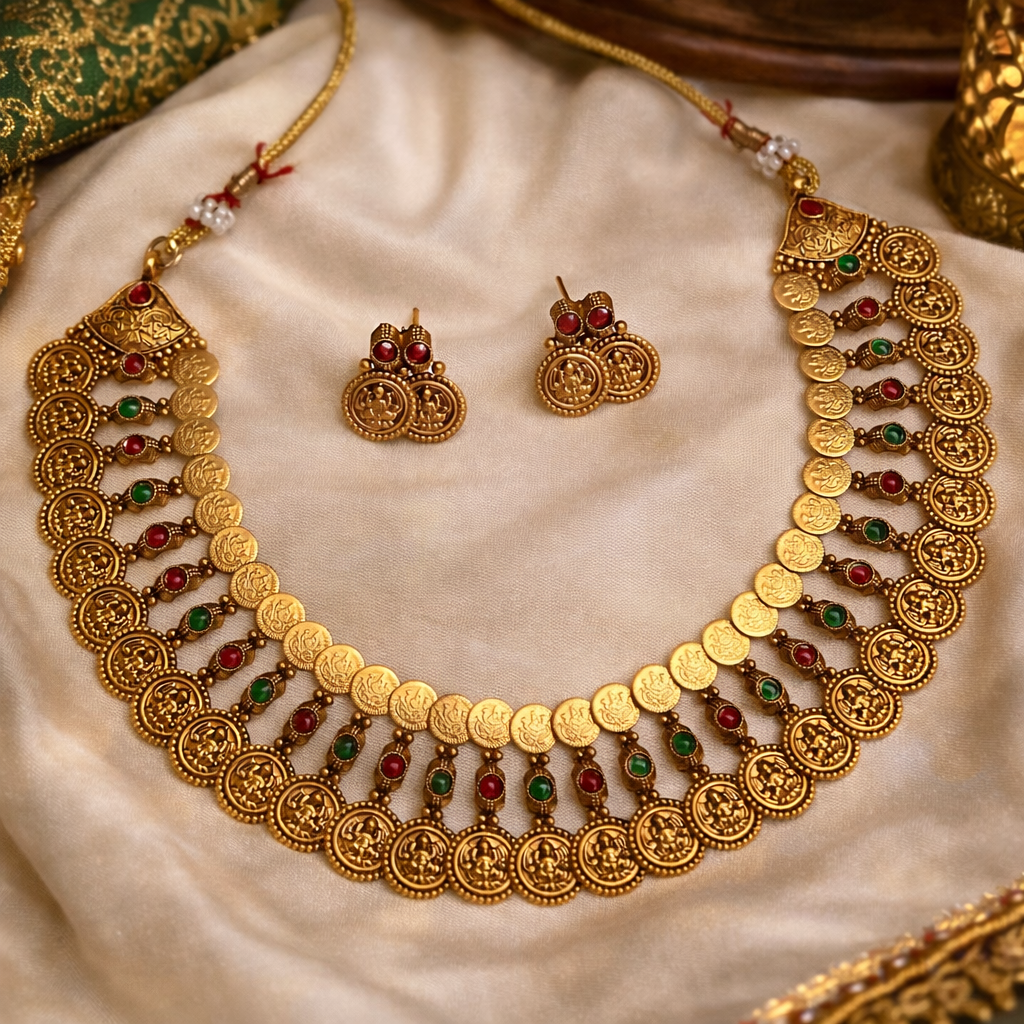 Antique Gold Lakshmi Coin Necklace Set with Ruby Accents – Traditional Temple Jewelry-CODE GJ5460