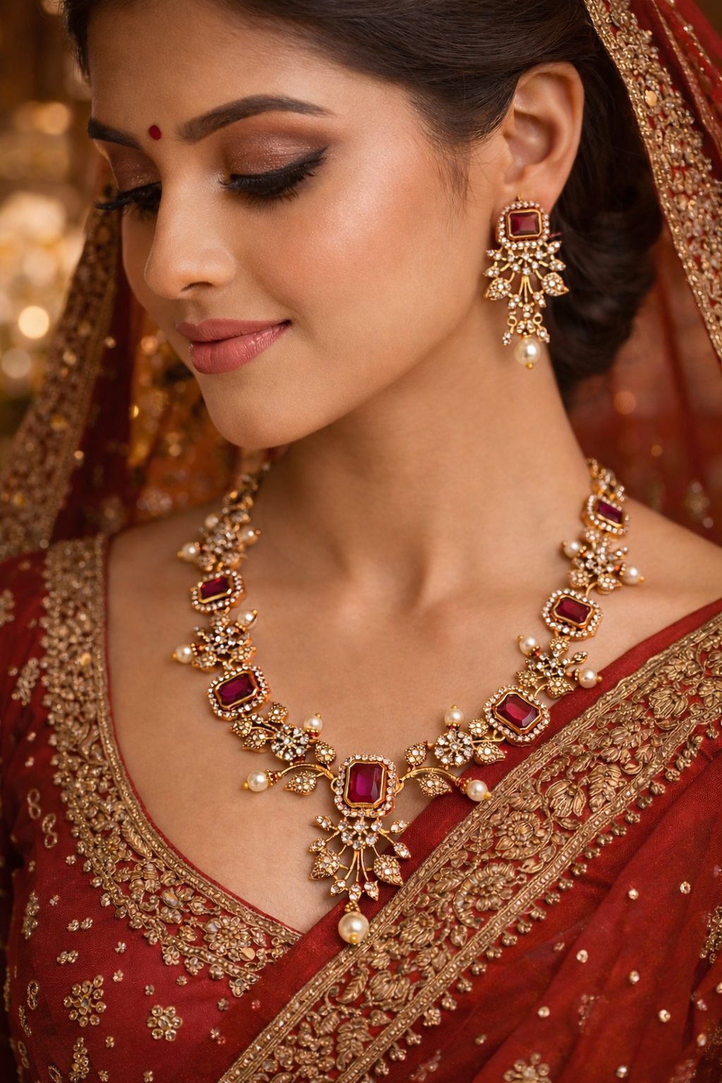 Premium Ruby Stone Bridal Necklace Set with Pearl Drops | Luxury Wedding Jewellery I JW4800