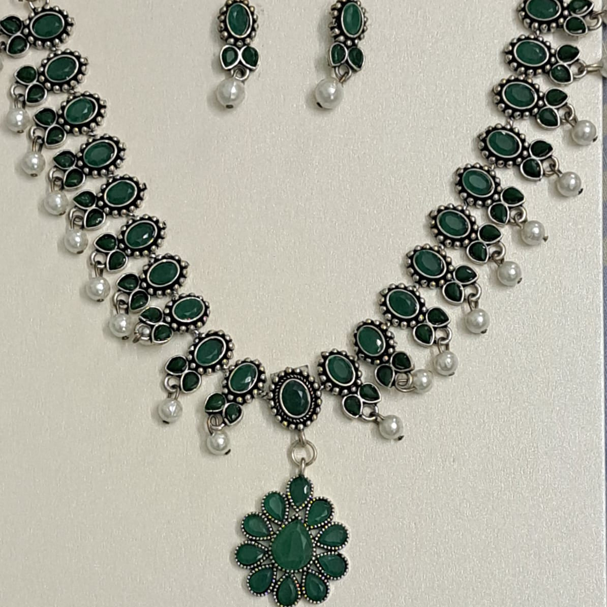 Elegant Green Stone Pearl Necklace Set | Silver Finish Ethnic Imitation Jewellery for Weddings & Festivals