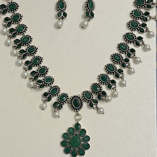 Elegant Green Stone Pearl Necklace Set | Silver Finish Ethnic Imitation Jewellery for Weddings & Festivals