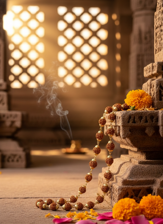 Handcrafted Rudraksha Bead Necklace with Gold-Tone Accents – Spiritual Mala -SP4501