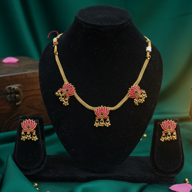 Traditional Lotus Motif Gold-Plated Necklace Set with Matching Earrings | Temple & Festive Jewellery