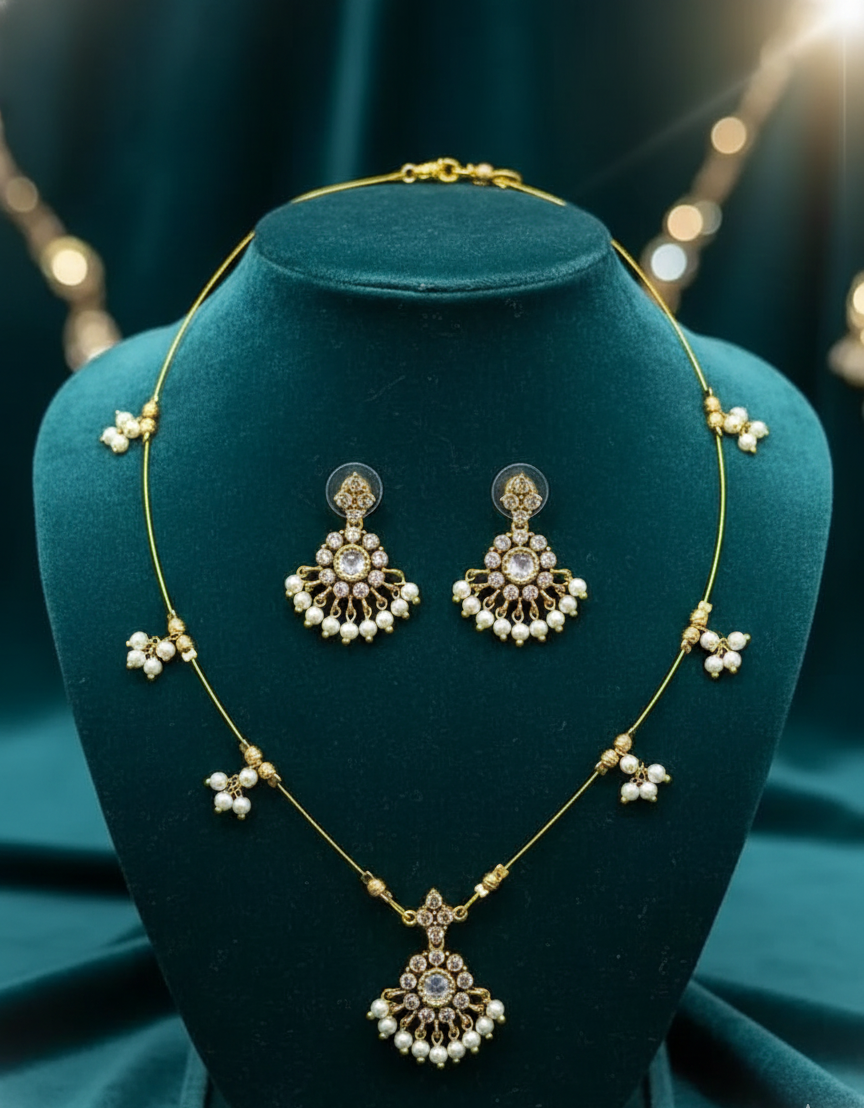 Invisible Necklace Set with White Stones & Pearl Drops-2993 – Saanvi by Rajani