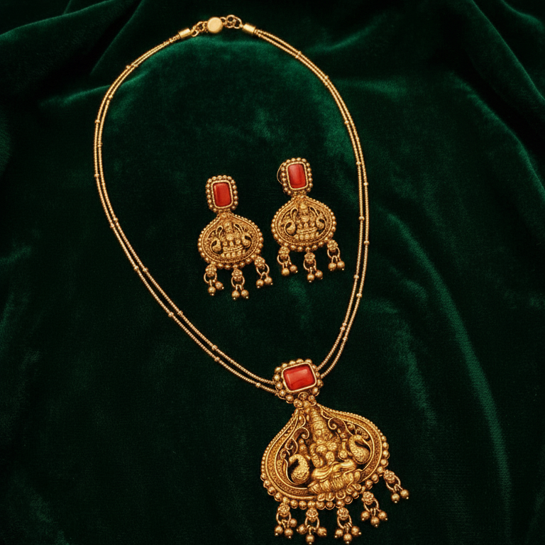Antique Gold Lakshmi Pendant Necklace Set with Coral Red Stones – Traditional Temple Jewelry