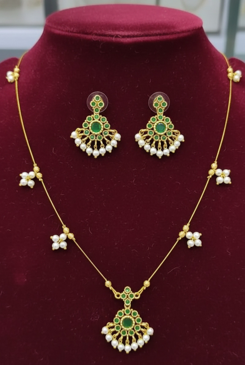 Invisible Necklace Set with Green Stones & Pearl Drops -2991– Saanvi by Rajani