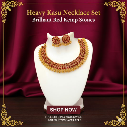 Heavy Kasu Necklace Set with brilliant Green Kemp Stones