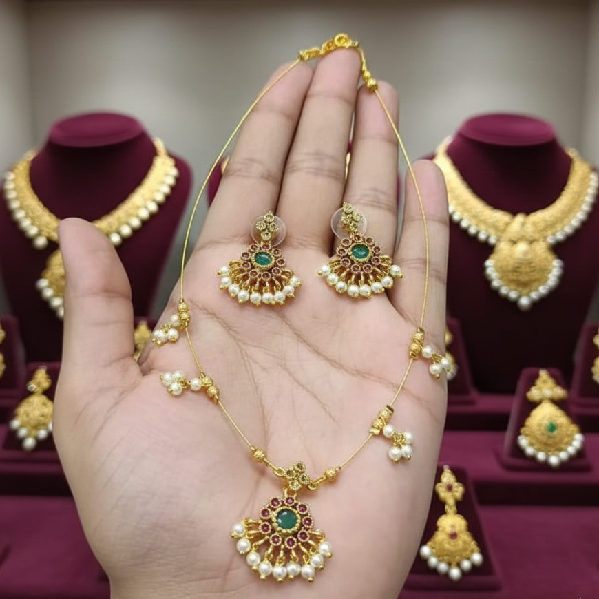 Invisible Necklace Set with Green Stone & Pearl Finish-MT2990 – Saanvi by Rajani