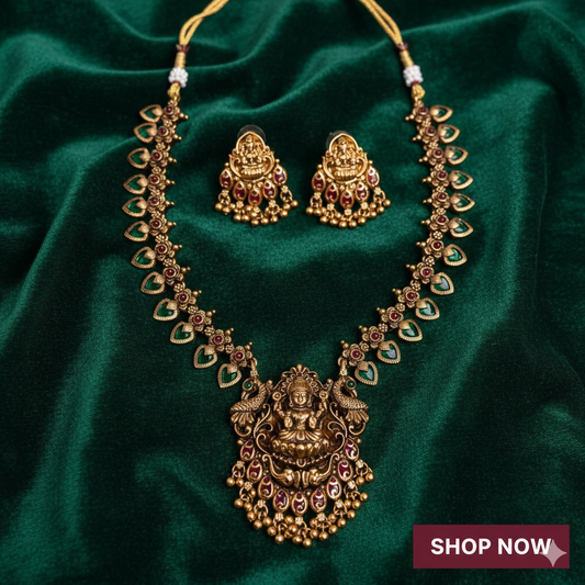 Antique Gold Lakshmi Temple Necklace Set with Kemp Stones | South Indian Bridal Jewellery