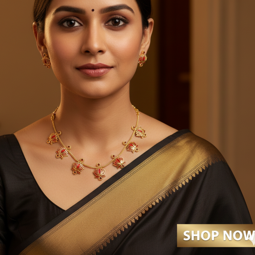 Lotus Design Gold-Plated Necklace Set with Matching Earrings | Temple & Festive Jewellery