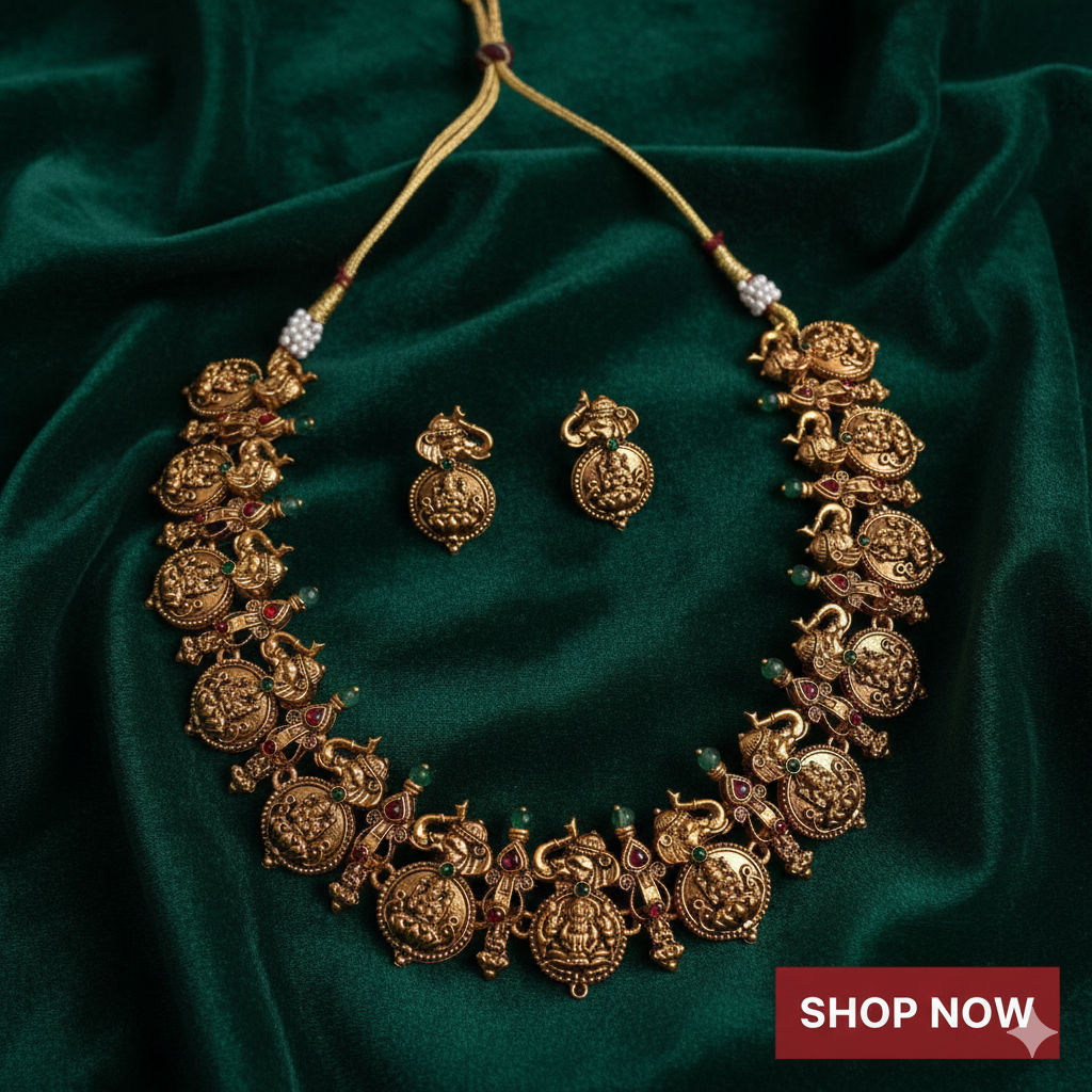 Antique Gold Coin Lakshmi Temple Necklace Set with Kemp Stones | South Indian Bridal Jewellery