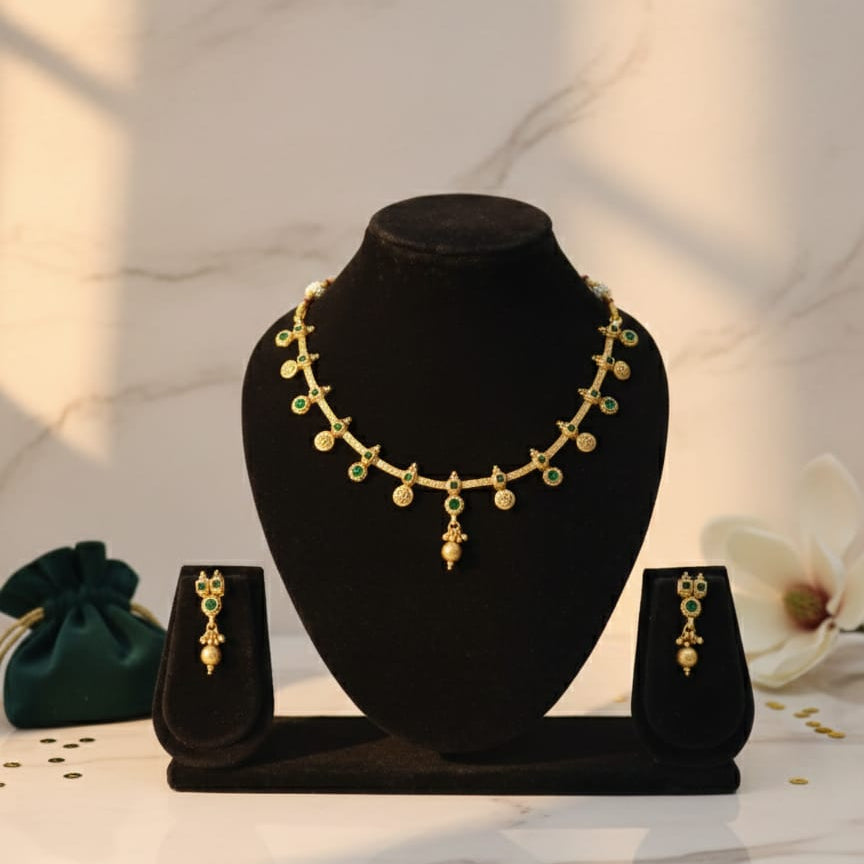 Elegant South Indian Temple Necklace Set with Green Stones | Antique Gold Finish Bridal Imitation Jewellery