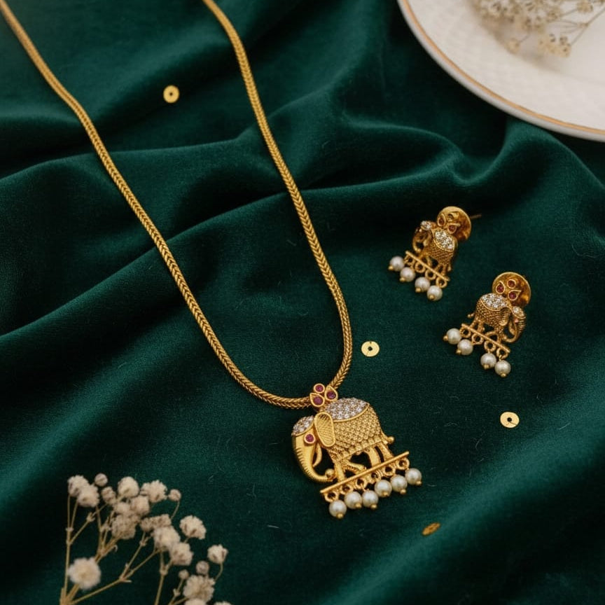Traditional Gold-Plated Elephant Pendant Necklace Set with Pearl Drops | Temple Jewellery I SP 149