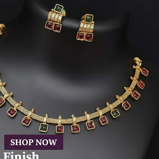 Antique Finish Square Stone Necklace Set – Premium Imitation Jewellery | Relaunch Offer @ ₹299 | Saanvi by Rajani I Available colours: Black, Green, Multi colour, Green & Red