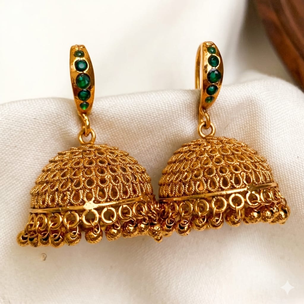 Traditional Gold Finish Ruby Stone Jhumka Earrings | Antique Bridal Temple Jewellery – Saanvi by Rajani CODE MT2800