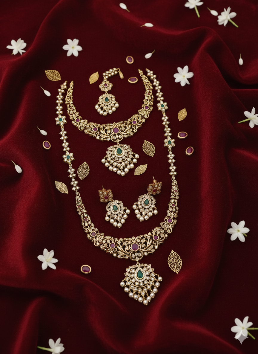 Premium Temple Bridal Jewellery Set – Antique Gold Finish | Emerald & Ruby Stones