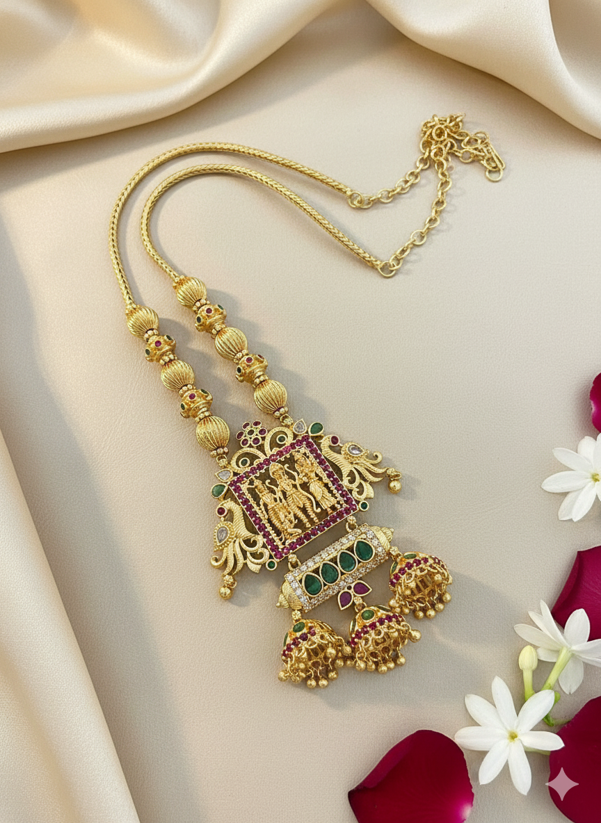 Ram Parivar Temple Design Gold Plated Long Necklace