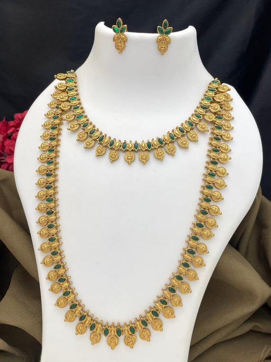 Temple Coin Necklace Set with Ruby & Green Stones – Antique Gold Finish MJ 5001