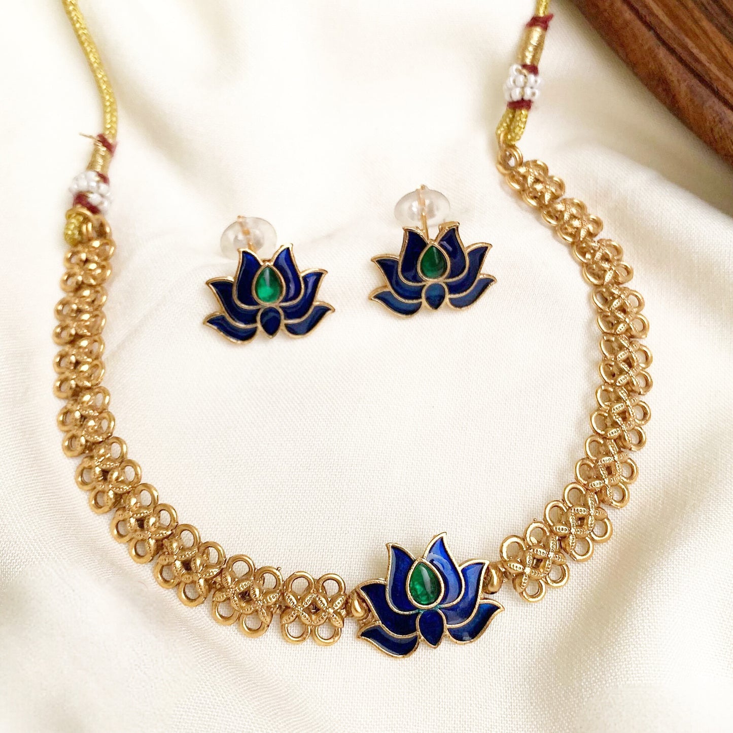 Royal Lotus Meenakari Necklace Set | Gold-Tone Enamel Choker with Matching Studs & Accents