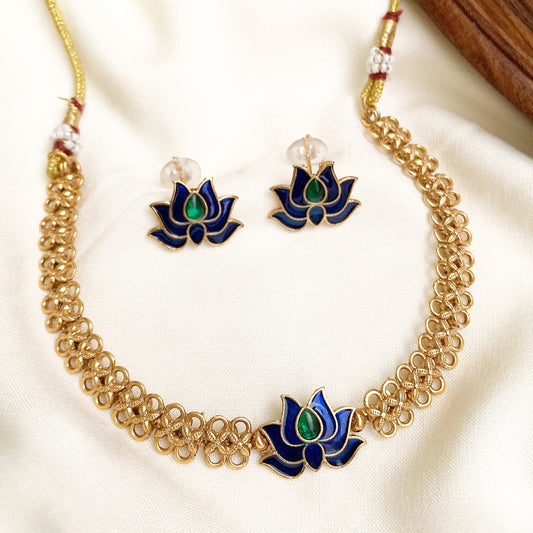 Lotus Meenakari Necklace Set | Gold-Tone Enamel Choker with Matching Studs & Accents