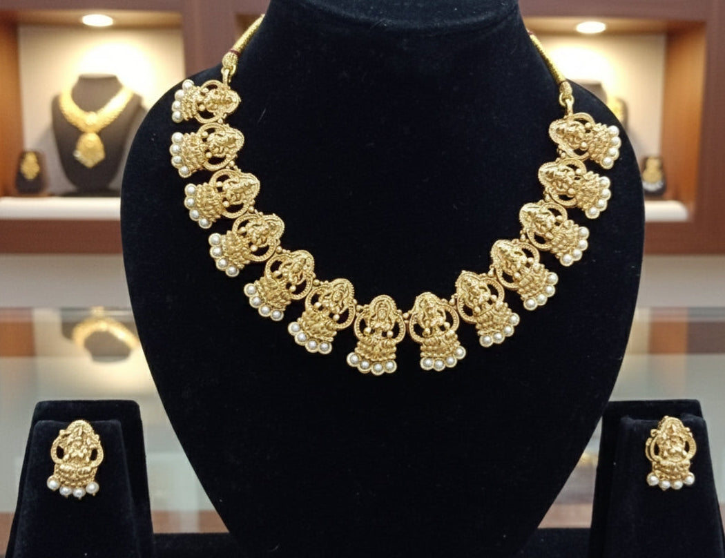 Traditional Gold-Finish Temple Necklace Set with Pearl Drops | Bridal & Festive Imitation Jewellery