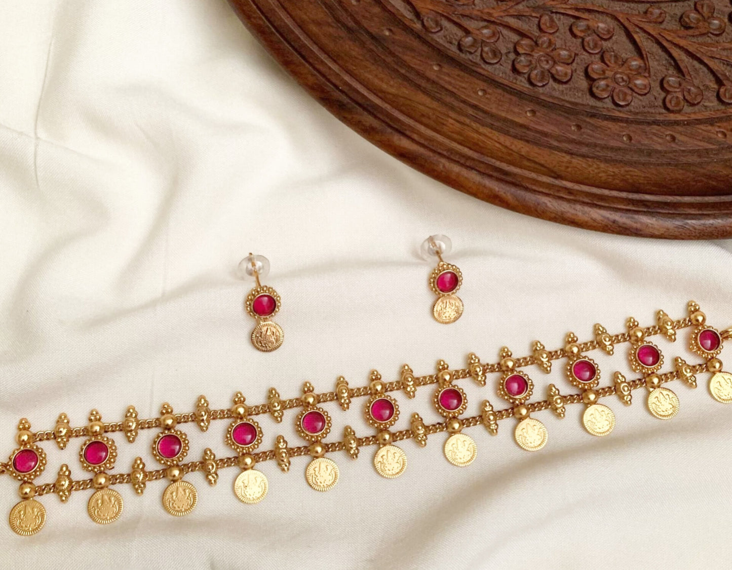 Antique Gold & Ruby/Emerald Coin Choker Set with Matching Studs: South Indian Style Gold Plated Choker with Ruby Stones and Coins