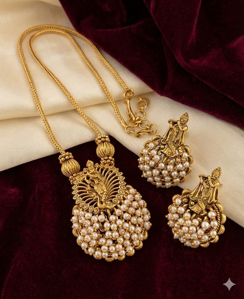 Divine Krishna Motif Antique Gold Pendant Set with Pearl Clusters: Matte Gold Krishna Temple Jewellery Set