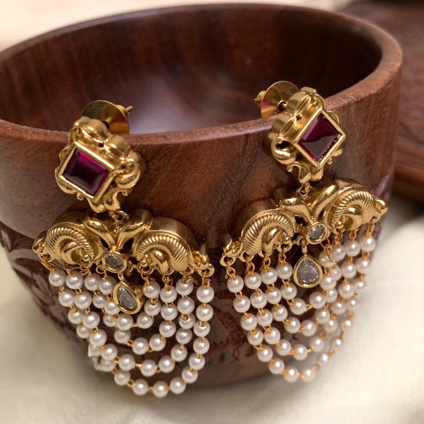 Temple Gold-Plated Pearl Drop earring| Antique Design Earrings | Bridal Imitation Jewellery