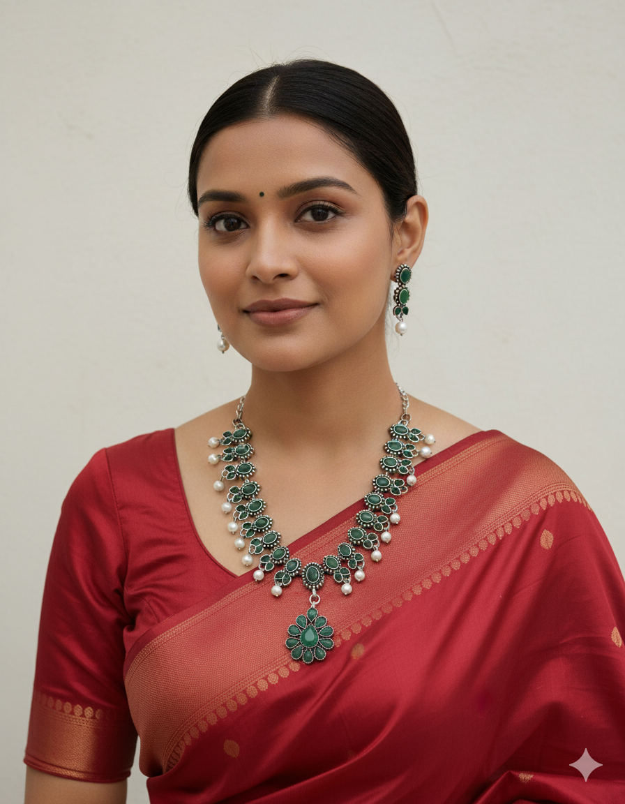 Emerald-toned necklace and earring set