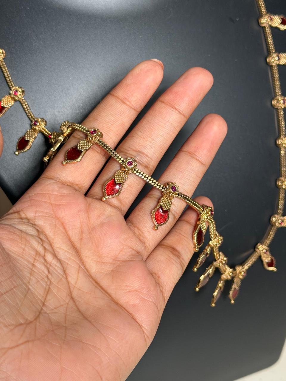 Red Nagapadam Haram | Antique Gold Finish South Indian Temple Jewellery for Bridal & Festive Wear : Code MJN500