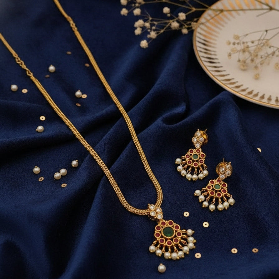 Elegant Traditional Gold-Plated Necklace Set with Pearl Drops | Festive & Bridal Wear Jewellery SP 187