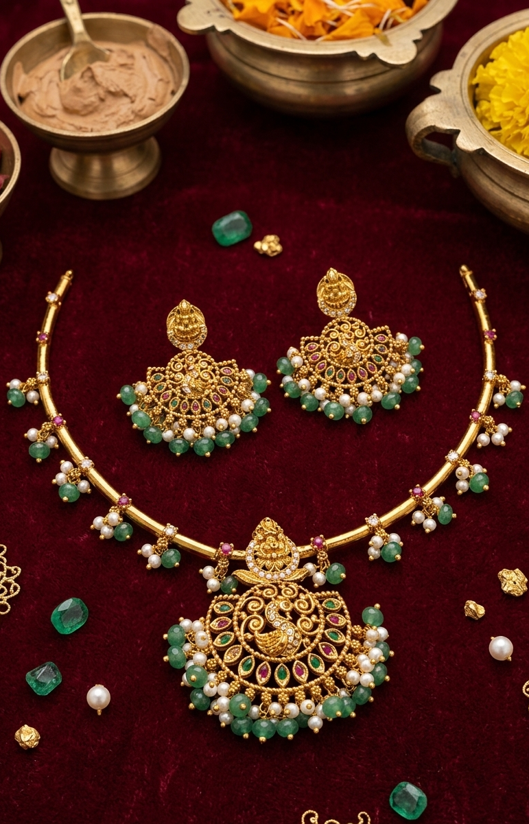 Antique Gold-Plated Peacock Temple Jewelry Set with Emerald Beads | Code MT4990|Saanvi by Rajani