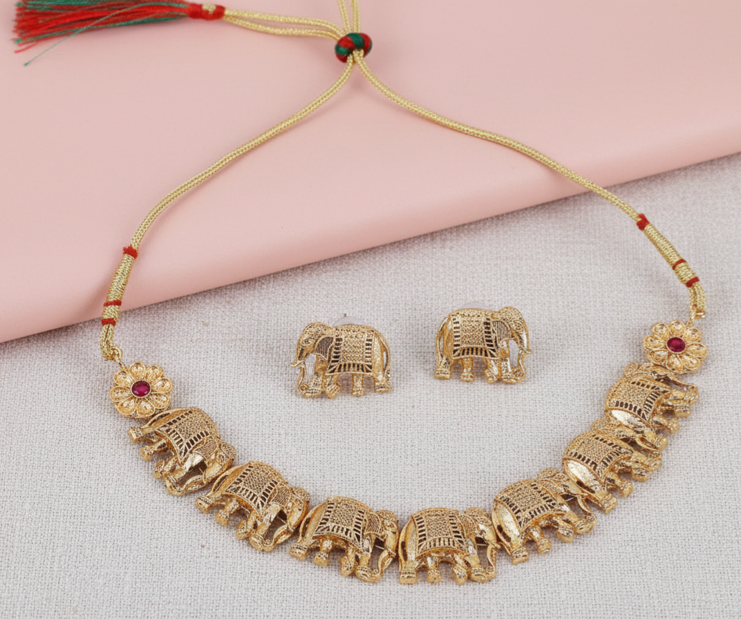 Premium Gold-Plated Elephant Necklace Set for Women | Traditional Temple Jewellery | Bridal & Festive Wear | South Indian Imitation Jewellery