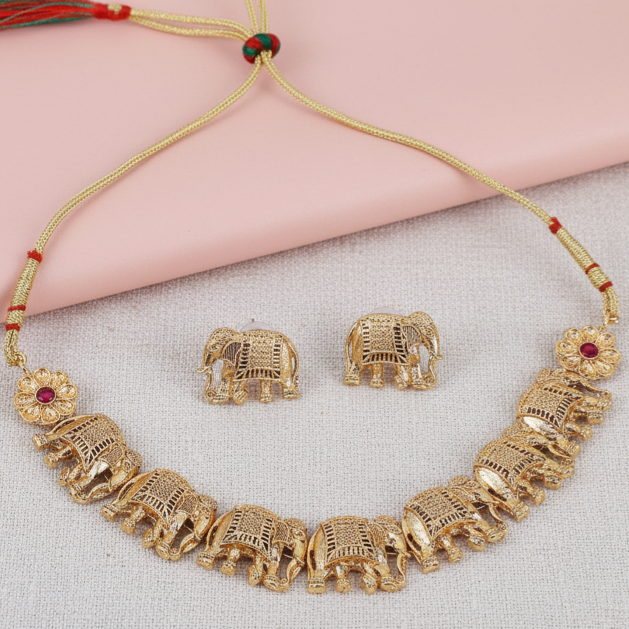 Premium Gold-Plated Elephant Necklace Set for Women | Traditional Temple Jewellery | Bridal & Festive Wear | South Indian Imitation Jewellery