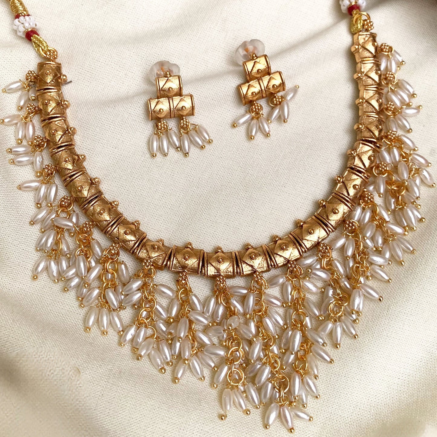 Grand Pearl Rainfall Necklace Set | Matte Gold South Indian Bridal Jewellery | Festive Statement Choker