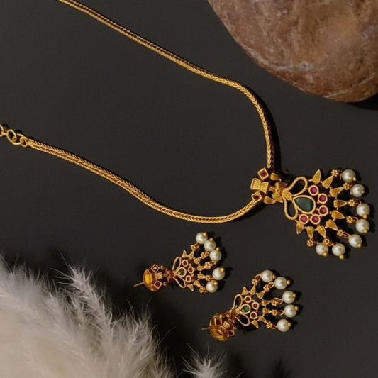 Traditional South Indian Temple Necklace Set with Pearl Drop Pendant | Antique Gold Finish Imitation Jewellery I SP176