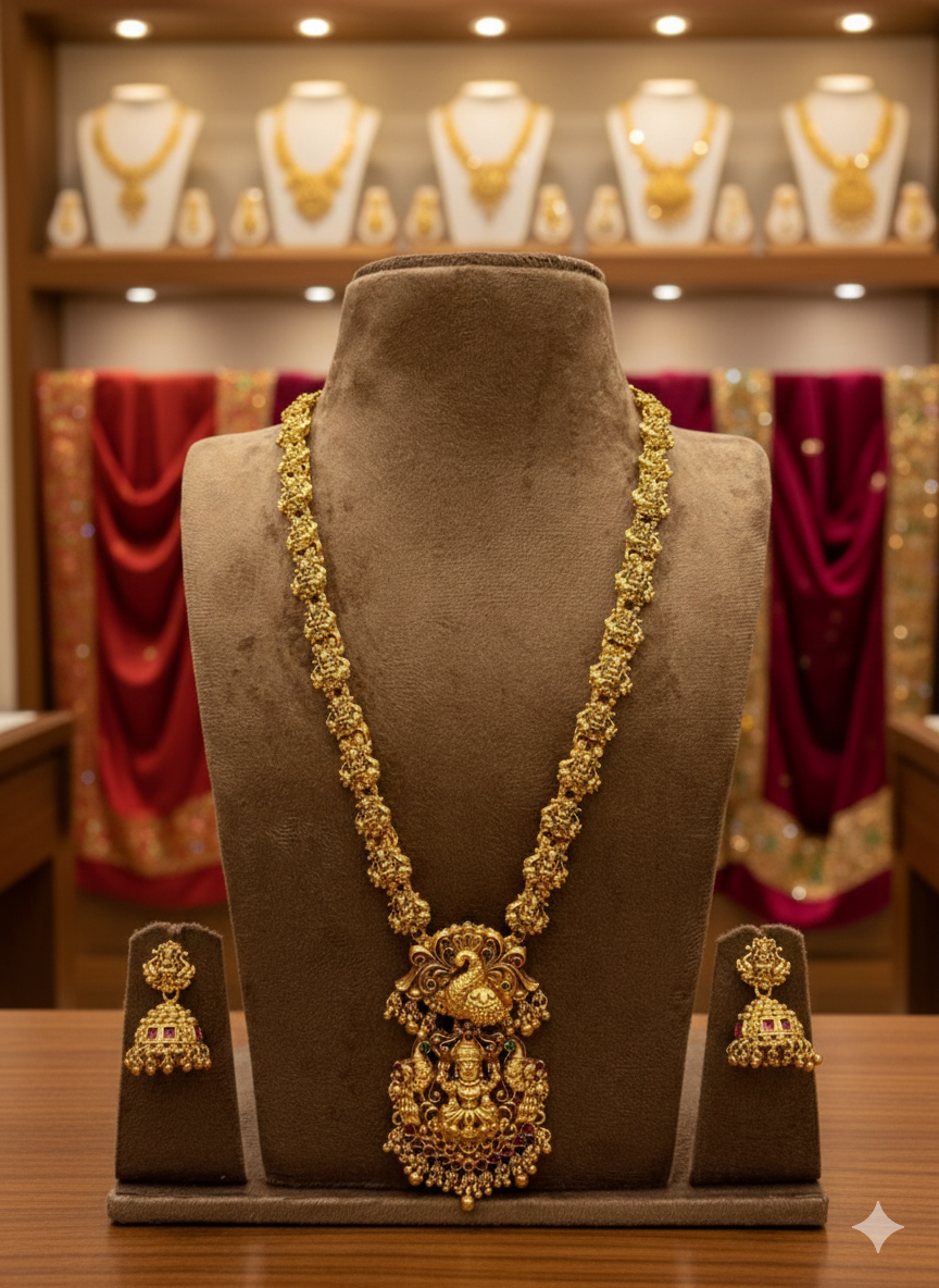 Premium South Indian Temple Jewellery Set ā Antique Gold Lakshmi Necklace with Jhumkas | Bridal Imitation Jewellery