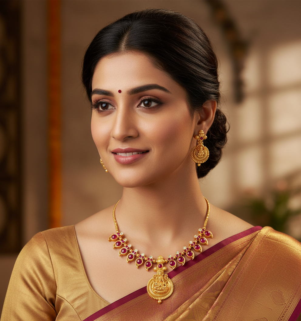 Lakshmi Red Ruby Temple Necklace Set | Premium Matte Gold Finish |