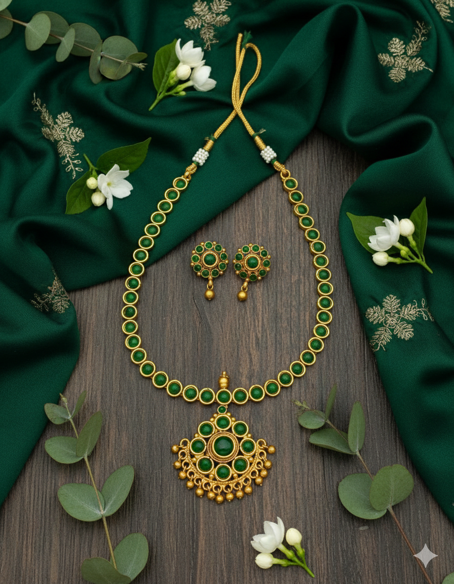 Black Stone South Indian Temple Necklace Set | Antique Gold Finish Bridal Jewellery