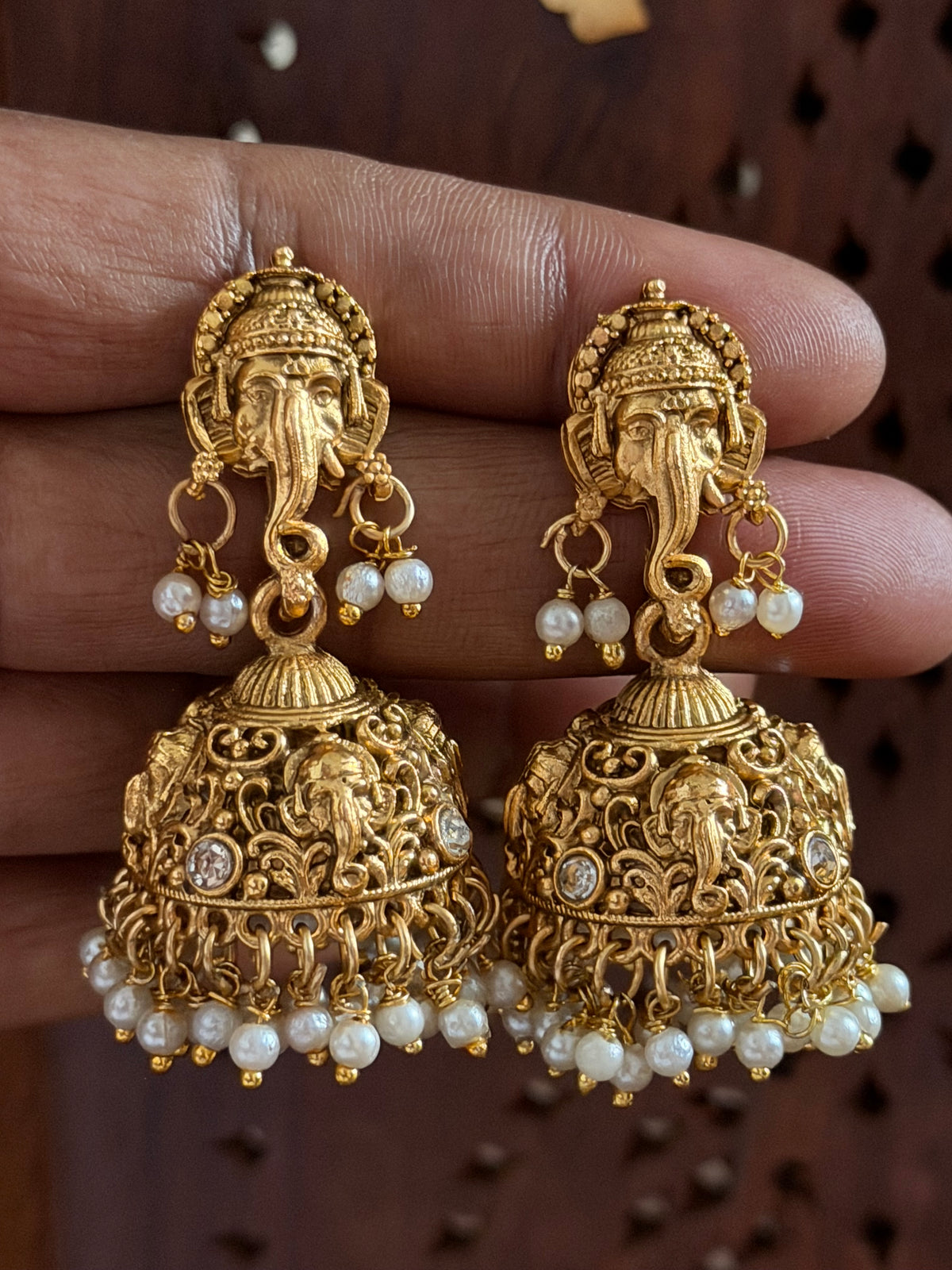 Siddhivinayak Ganesh Pearl Jhumka Earrings - Antique Temple Jhumka