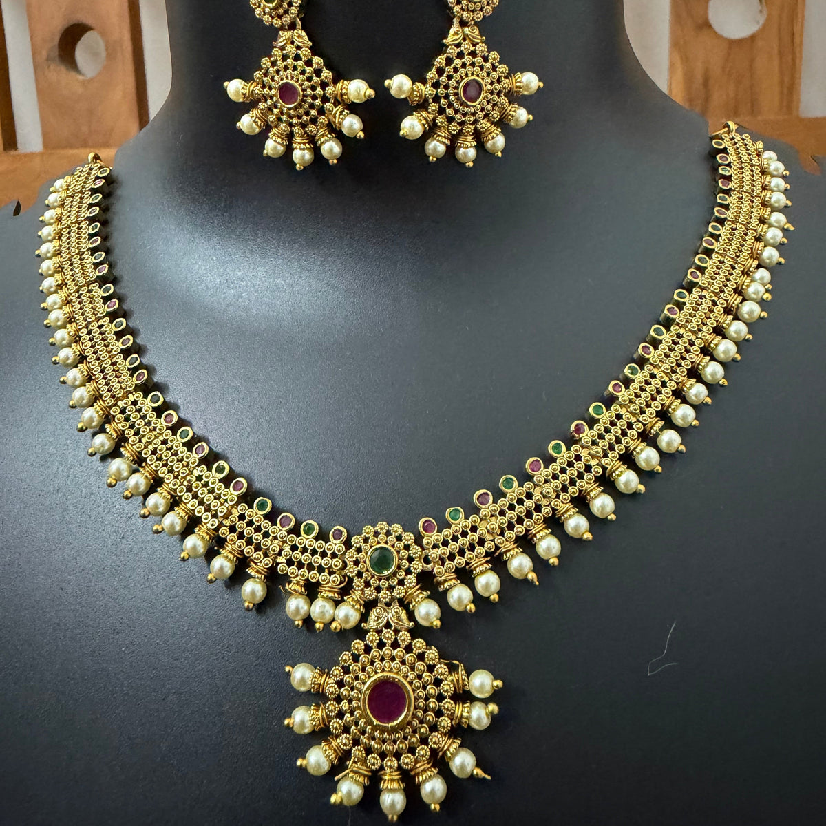 Pearl Bloom Antique Temple Necklace Set with Kemp Stones - Bridal Necklace Set