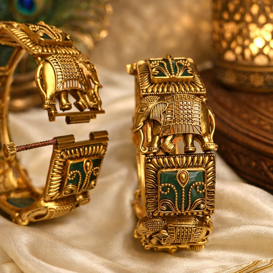 Antique Gold Elephant Kada Bangle with Green Enamel – Royal Temple Jewelry - GJ9520