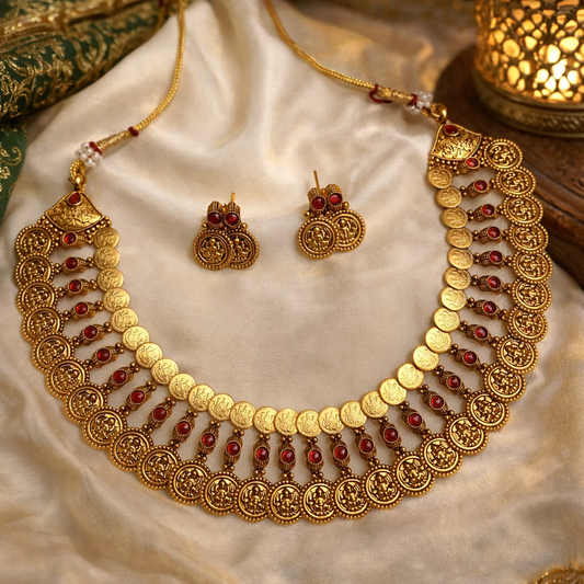Antique Gold Lakshmi Coin Necklace Set with Ruby Accents – Traditional Temple Jewelry-CODE GJ5460