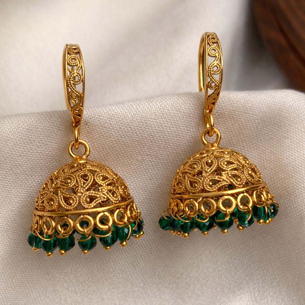 Traditional Gold-Finish Filigree Jhumka Earrings with Pink Beads | South Indian  Imitation Jewellery I  MT 1800