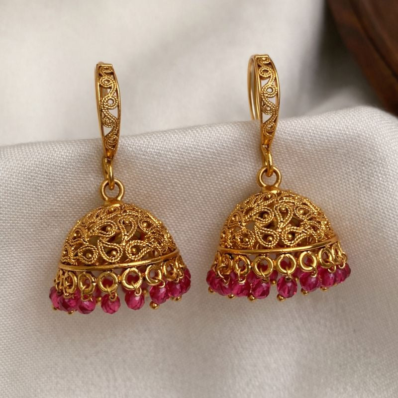 Traditional Gold-Finish Filigree Jhumka Earrings with Pink Beads | South Indian  Imitation Jewellery I  MT 1800
